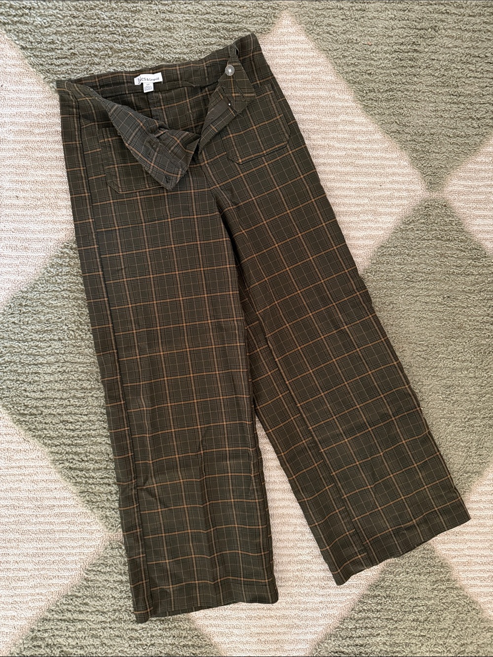 Plaid Wide-Leg Trousers in Olive and Brown